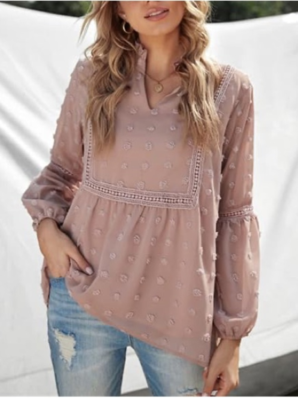 SHEIN Dusty Rose Swiss Dot Lace-Trim Blouse